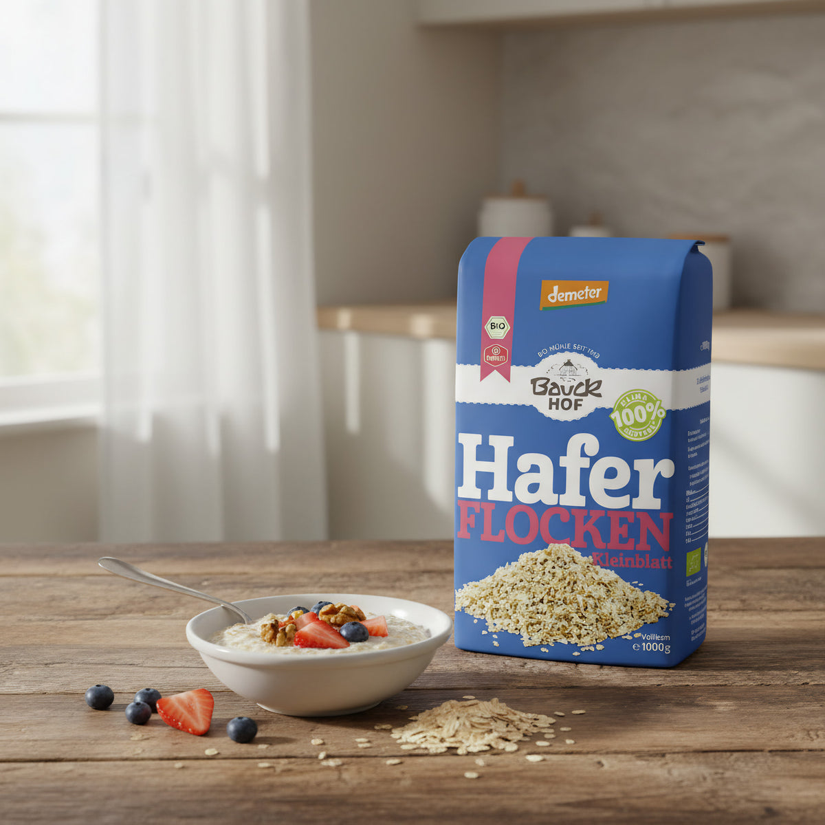 Bauckhof Bio oat flakes package on wooden table with oats, fruits, in bright morning light, showcasing wholesome natural breakfast setting.