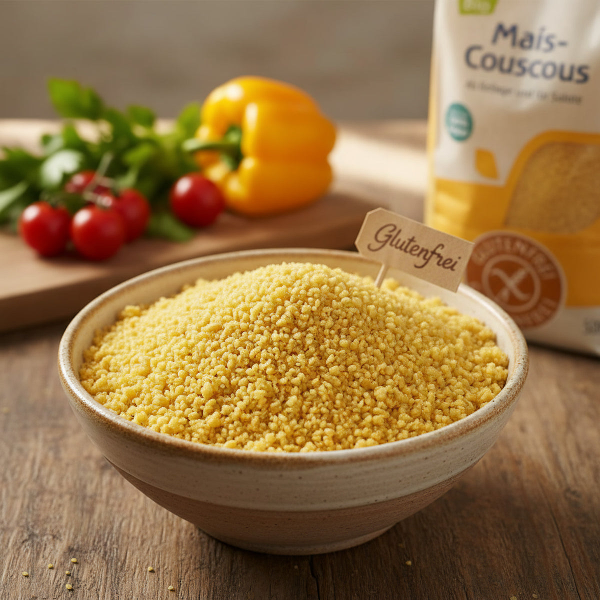 Pristine heap of golden maize couscous grains in a rustic bowl with natural light highlighting fluffy texture amid fresh vegetables and wooden kitchen surfaces.