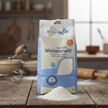 Close-up of a rustic wheat flour bag on a wooden table, highlighting fine texture and vintage baking atmosphere in a cozy kitchen.