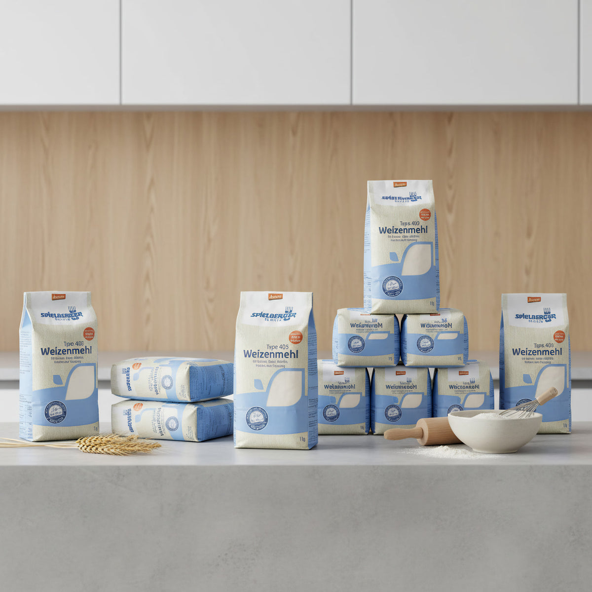 Stacked Bio wheat flour bags of different sizes on a modern kitchen counter, emphasizing variety, cleanliness, and health-conscious packaging.