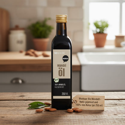 Wohltuer Bio Mandelöl bottle on wooden countertop, surrounded by almonds and leaves, in a cozy, rustic kitchen setting.