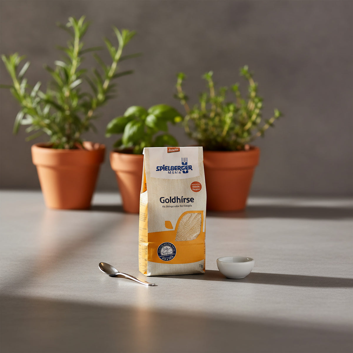 Tiny Goldhirse bag on minimalist kitchen counter with herbs, showcasing its versatile use with warm natural lighting and cozy setting.