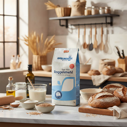 Full-body shot of a 1 kg bag of Spielberger Bio Roggenmehl Type 1150 in a modern kitchen, surrounded by baking supplies and natural light, emphasizing premium quality.