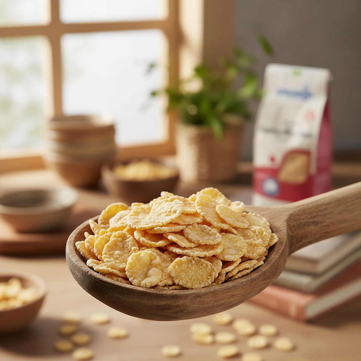 Close-up of a rustic wooden spoon holding Kamut flakes, with natural light highlighting their golden hue and intricate surface details.