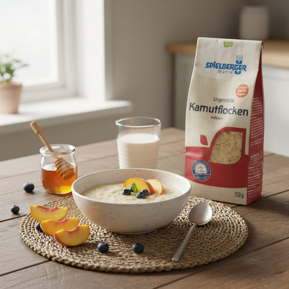 Wholesome breakfast scene featuring a bowl of Kamut flake porridge with fresh fruit, honey, and milk on a rustic wooden table in warm daylight.