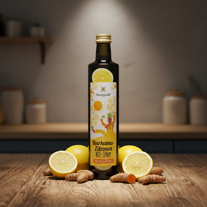 Full-body shot of the Kurkuma-Zitronen Sirup bottle on rustic wood, surrounded by lemons and turmeric roots, highlighting freshness and natural ingredients.