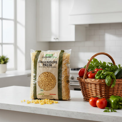 Stylish kitchen featuring 5kg bag of Byodo Hörnchen Semola pasta, surrounded by fresh vegetables and herbs on white countertop, emphasizing wholesomeness.