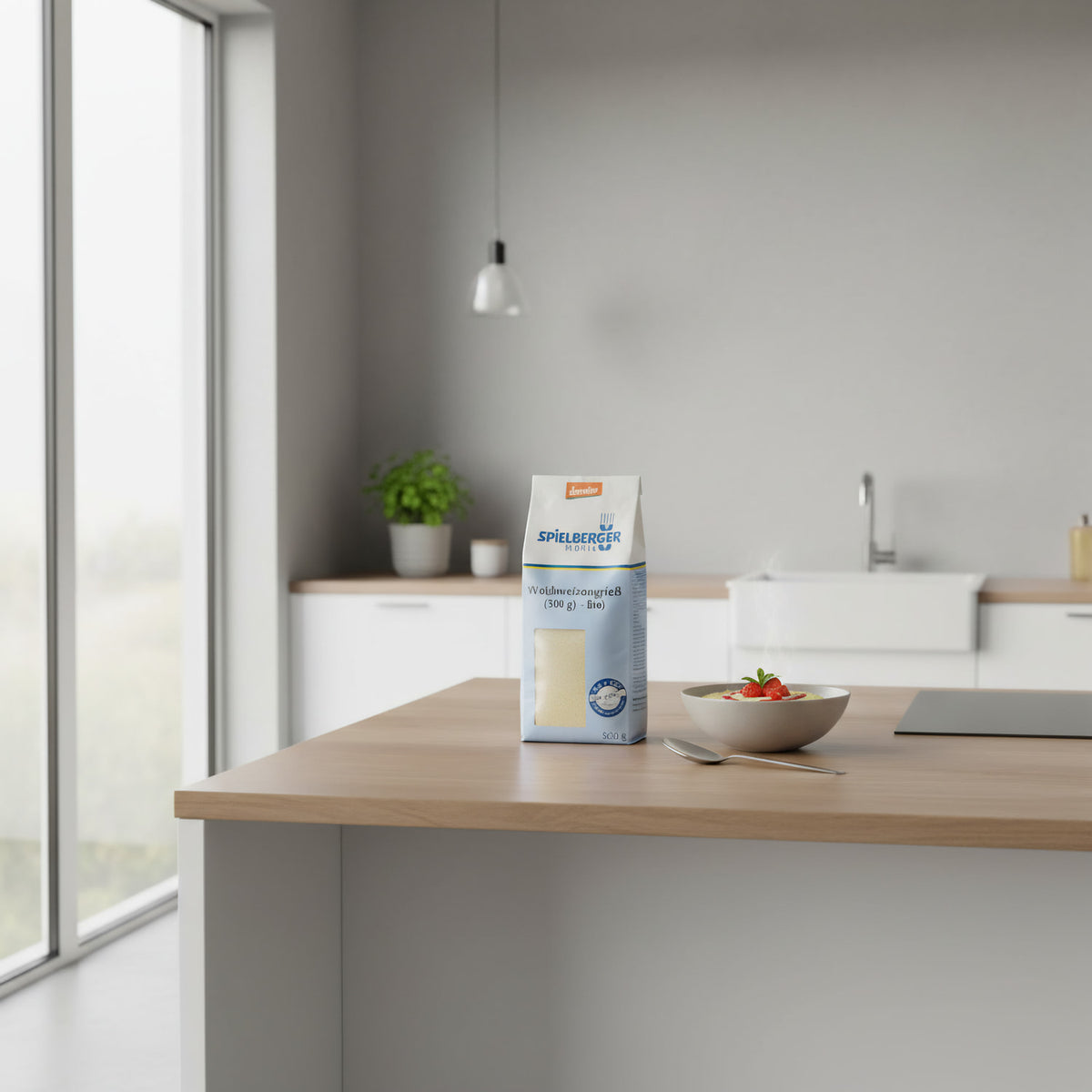 Transparent bag of Spielberger Weichweizengrieß on wooden kitchen counter in a modern, bright setting, with a spoon and greenery nearby.