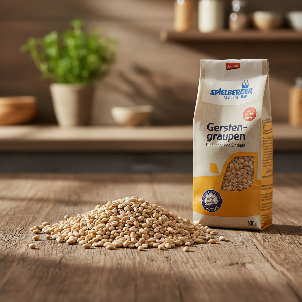 Close-up of organic dried barley grains on rustic wood, emphasizing texture and earthy tones in natural morning light.