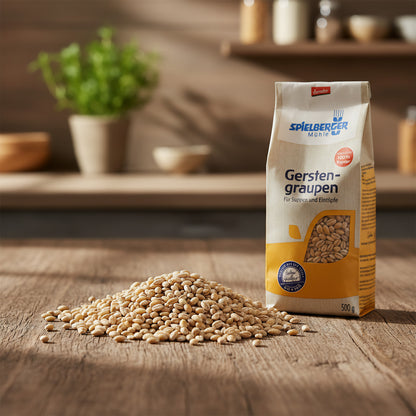 Close-up of organic dried barley grains on rustic wood, emphasizing texture and earthy tones in natural morning light.