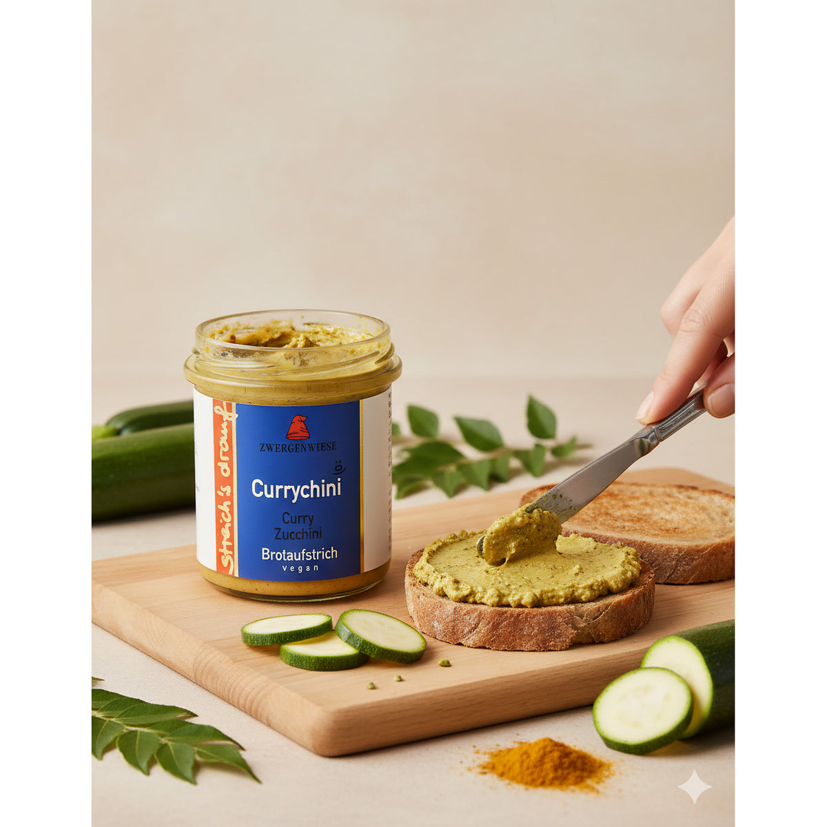 Zwergenwiese Bio Aufstrich streichs drauf Currychini (Curry-Zucchini) laktosefrei, 160 g - fit and life shop