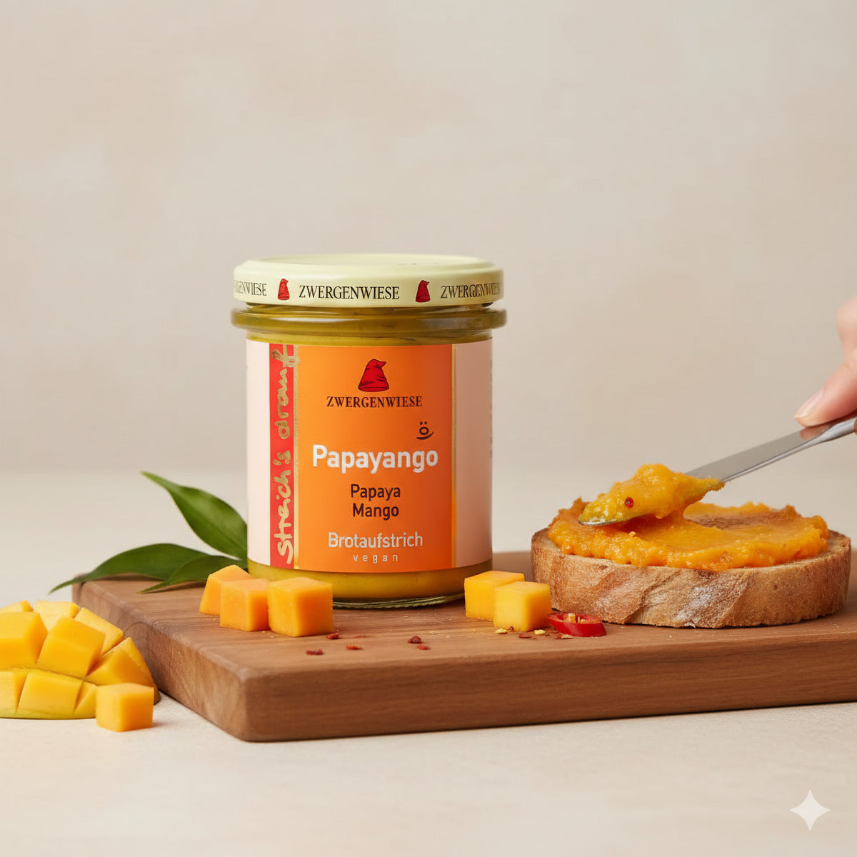 Zwergenwiese Bio Aufstrich streichs drauf Papayango (pikante Papaya-Mango) laktosefrei, 160 g - fit and life shop