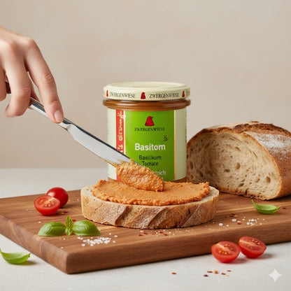 Zwergenwiese Bio Aufstrich streichs drauf Basitom (Basilikum-Tomate) laktosefrei, 160 g - fit and life shop