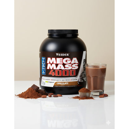 Weider Mega Mass 4000 Weight Gainer Dose mit verschiedenen Geschmacksrichtungen, 3000g, in großer Verpackung.
