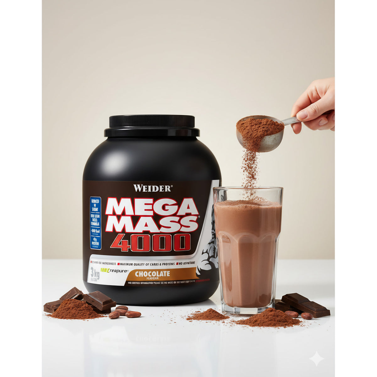 Weider Mega Mass 4000 Weight Gainer Dose ab 3000g mit verschiedenen Geschmacksrichtungen, in der Dose sichtbar