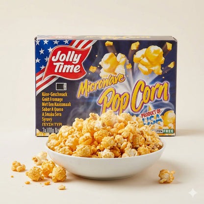 Jolly Time Mikrowellen Popcorn mit Käsegeschmack, Snacks, 3 x 100 g, in einer Packung mit goldenem Popcorn und Käseüberzug