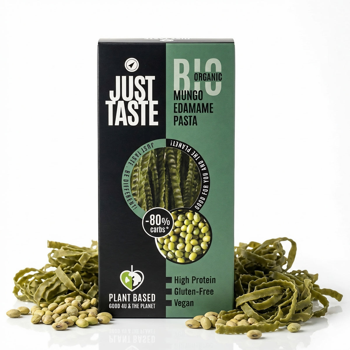 Bio Mungo-Edamame Pasta von Just Taste in 250g Packungen, gekochte Pasta auf einem Teller, ideal für gesunde Gerichte
