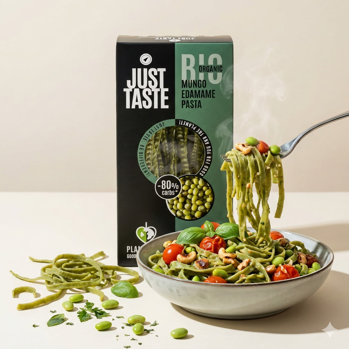 Bio Mungo-Edamame Pasta von Just Taste in Packung, ideal zum Kochen, mit grüner Pasta aus Mungo- und Edamame-Bohnen