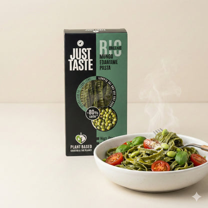Bio Mungo-Edamame Pasta von Just Taste, gekochte Pasta in einer Schüssel, ideal für gesunde vegetarische Gerichte.