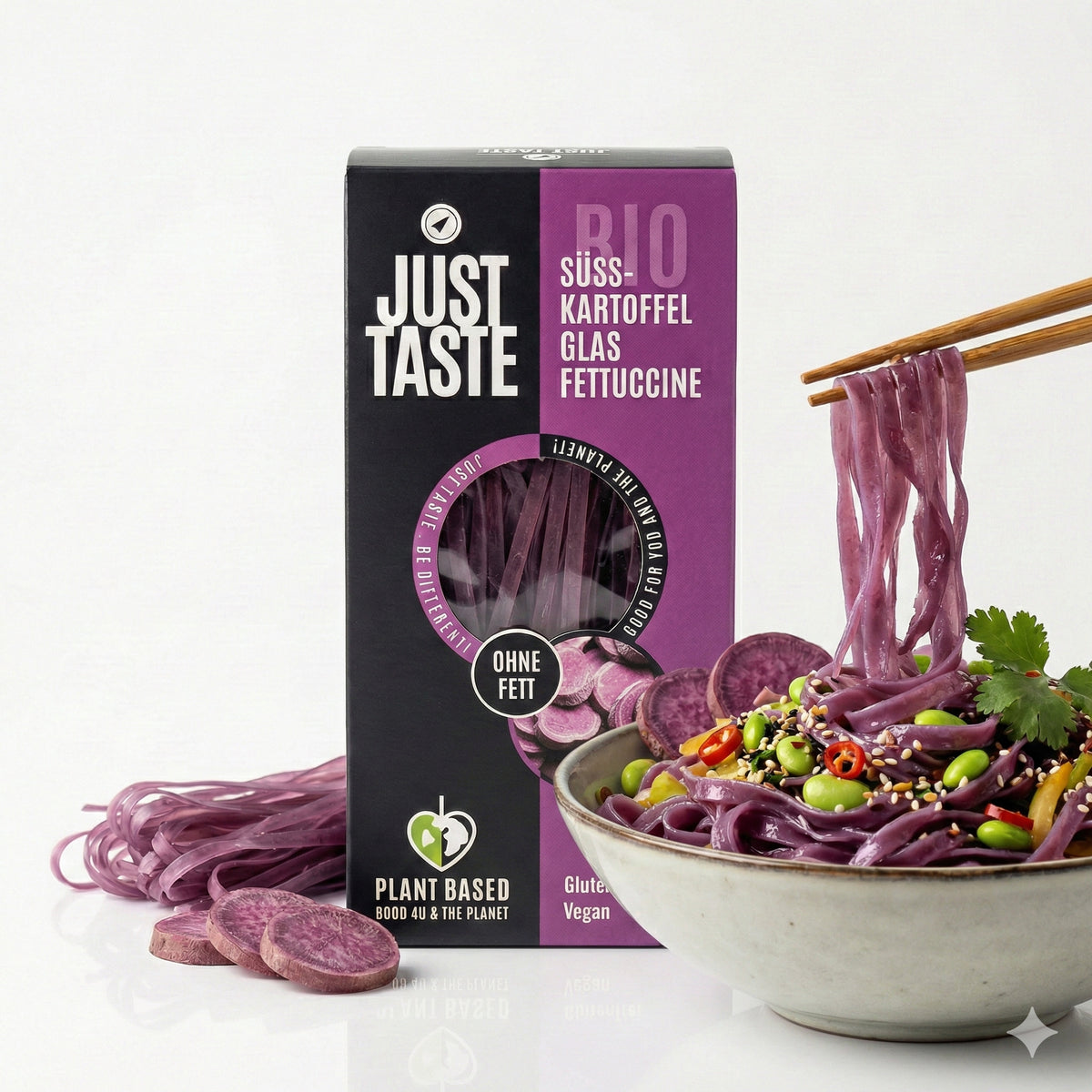 Lila bio Süßkartoffel Fettuccine von Just Taste, in Glasverpackung, zum Kochen, ab 250g.