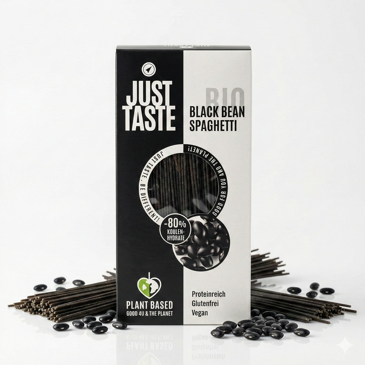 Schwarze Bohnen-Spaghetti von Just Taste, Kochzutat in 250g-Packung, frisch und nahrhaft für gesunde Mahlzeiten.