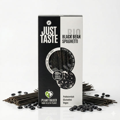 Schwarze Bohnen-Spaghetti von Just Taste, Kochzutat in 250g-Packung, frisch und nahrhaft für gesunde Mahlzeiten.