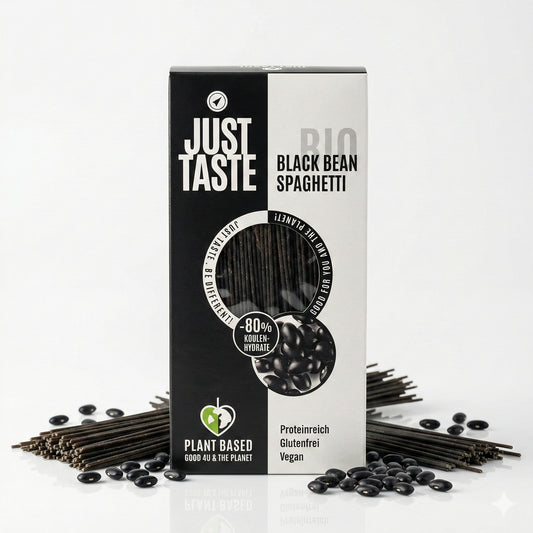 Schwarze Bohnen-Spaghetti von Just Taste, Kochzutat in 250g-Packung, frisch und nahrhaft für gesunde Mahlzeiten.
