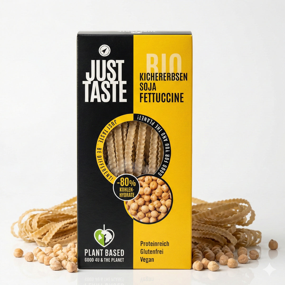 Kichererbsen-Soja Fettucchine von Just Taste, ungekocht, in einer Schale, ideal zum Kochen, 250g Packung.