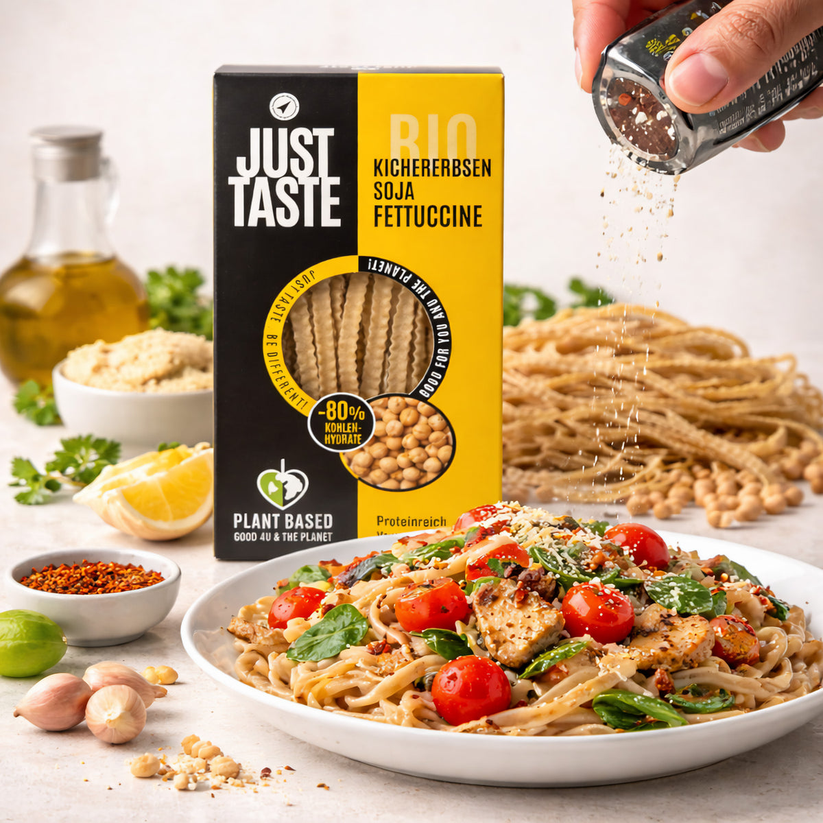 Kichererbsen-Soja Fettuccine von Just Taste, ungekocht, in einer Packung ab 250g, ideal zum Kochen und für gesunde Mahlzeiten