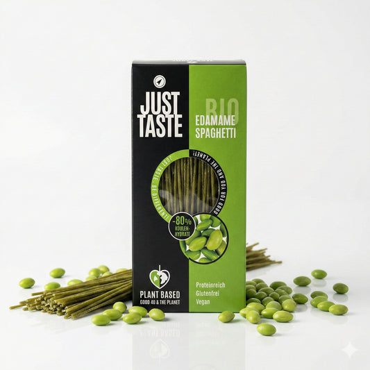 Bio Edamame Spaghetti von Just Taste, grüne, gekochte Nudeln aus Edamame, ideal für gesunde Mahlzeiten, ab 250g.