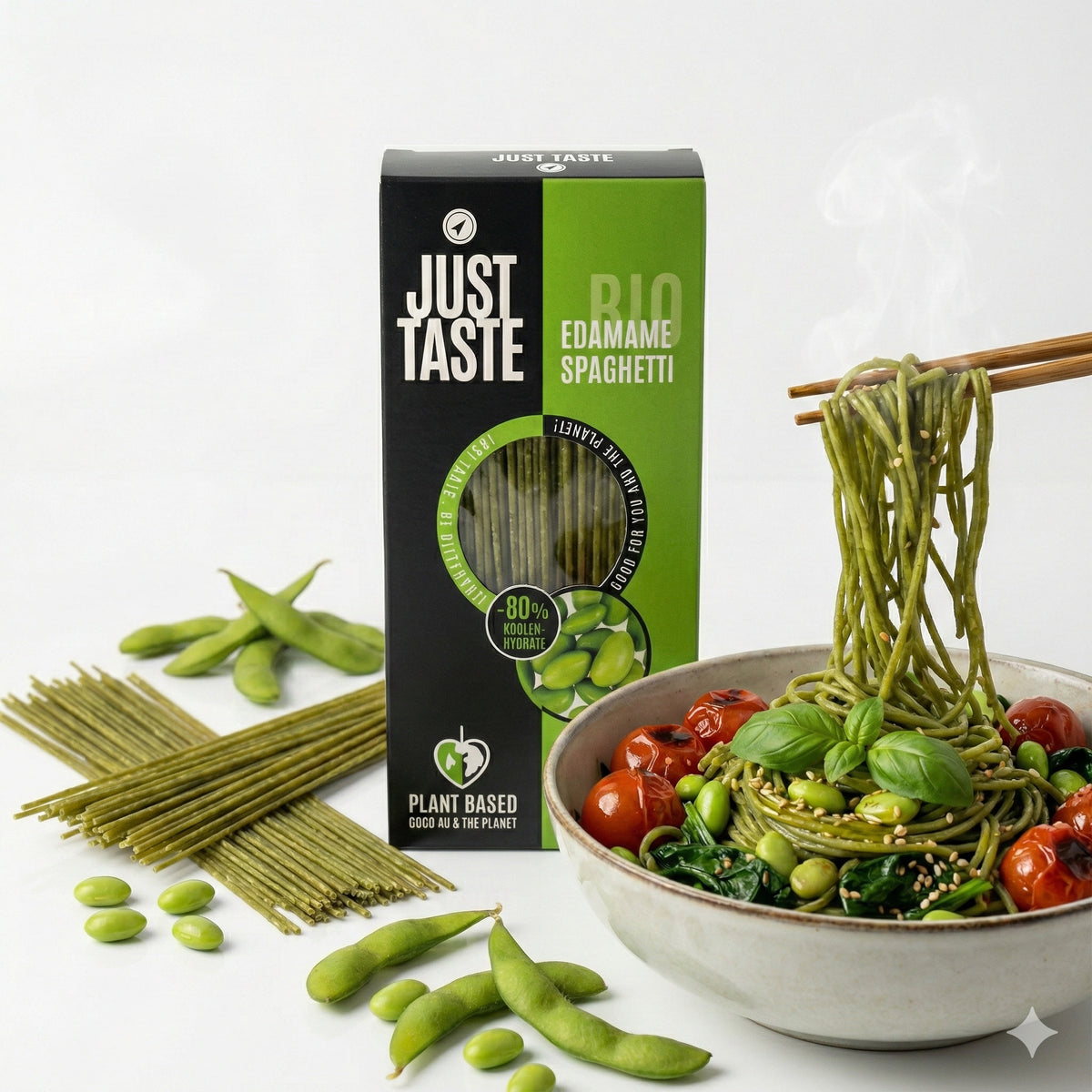 Bio Edamame Spaghetti von Just Taste, grüne, gekochte Pasta aus Edamame-Bohnen in 250g Verpackung.