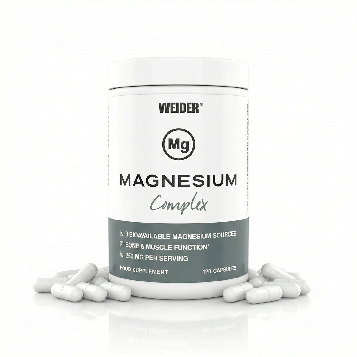 Weider Magnesium Complex Dose mit 120 Kapseln, einige weiße Kapseln liegen vor der Dose auf einer glänzenden Oberfläche.