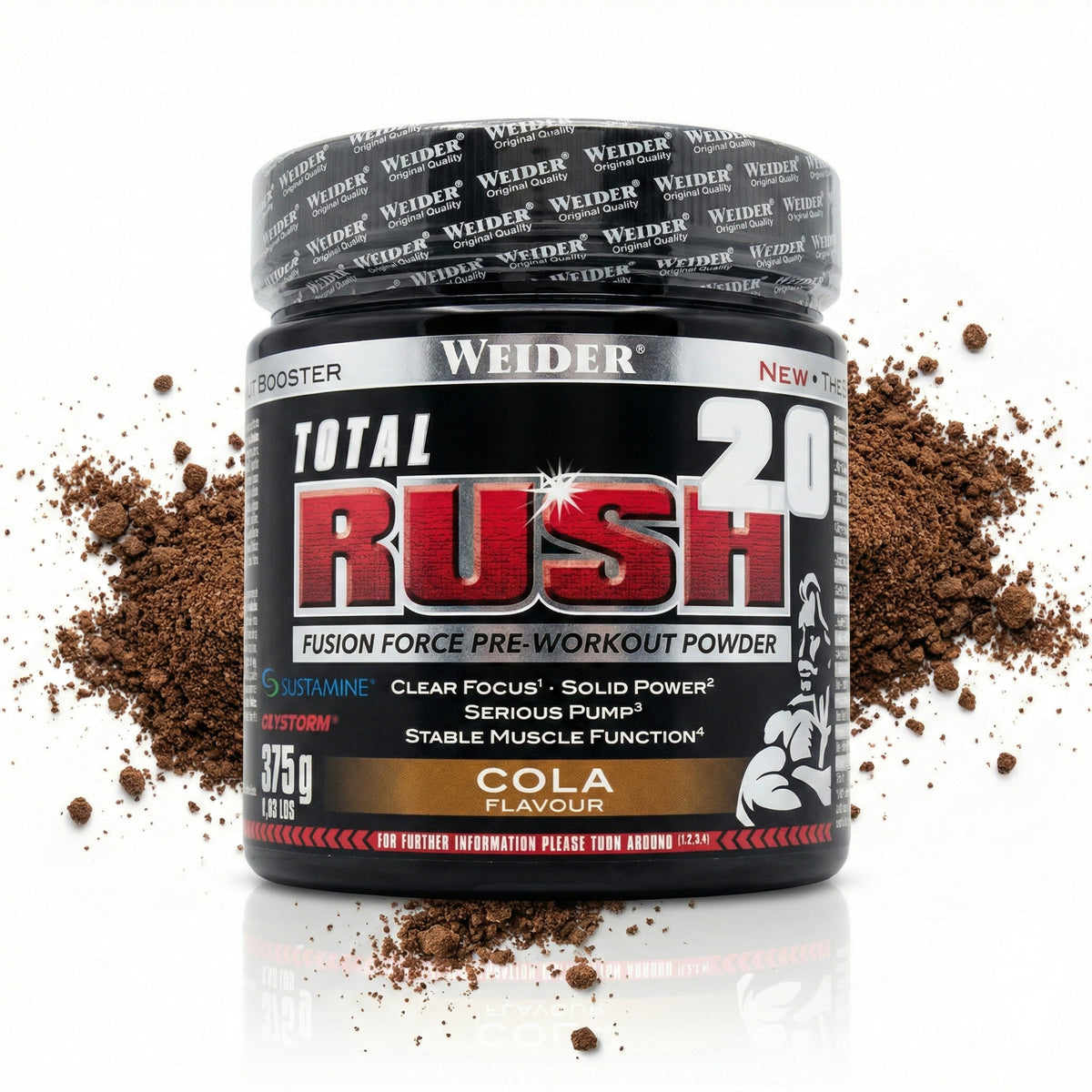 Weider Total Rush 2.0 Booster Dose 375g mit braunem Pulver auf weißem Hintergrund, Pulver um die Dose verteilt