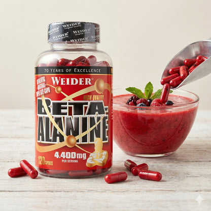 Weider Beta Alanine Caps Dose neben einer Schale mit rotem Beerenpüree, rote Beta-Alanin-Kapseln werden mit einem Löffel hinzugefügt.