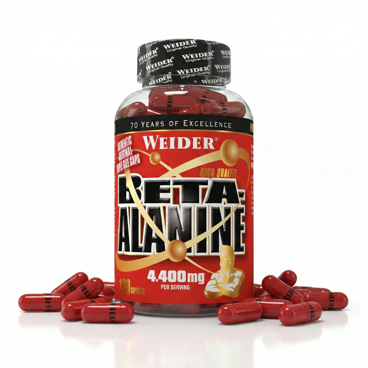 Weider Beta Alanine Caps Dose mit roten Kapseln, einige Beta-Alanin-Kapseln liegen vor der Dose auf weißem Untergrund.