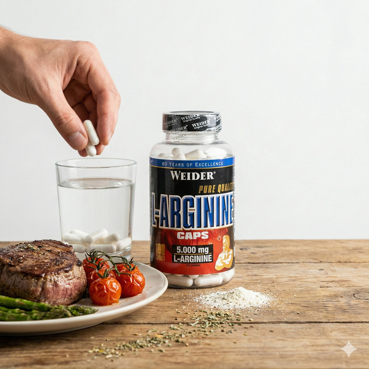 Weider Arginin Kapseln neben einem Glas Wasser, eine Hand hält zwei Kapseln, im Vordergrund ein Teller mit Steak, Tomaten und Spargel.