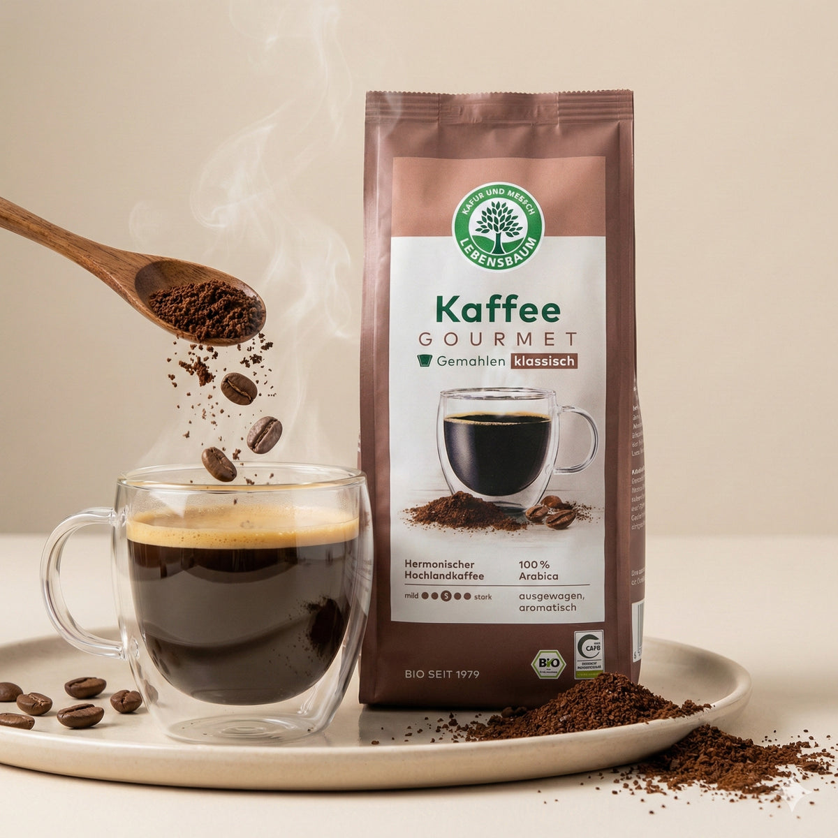 lebensbaum kaffee gourmet klassisch gemahlen neben dampfender Tasse Kaffee, Holzlöffel mit Kaffeepulver und Bohnen darüber