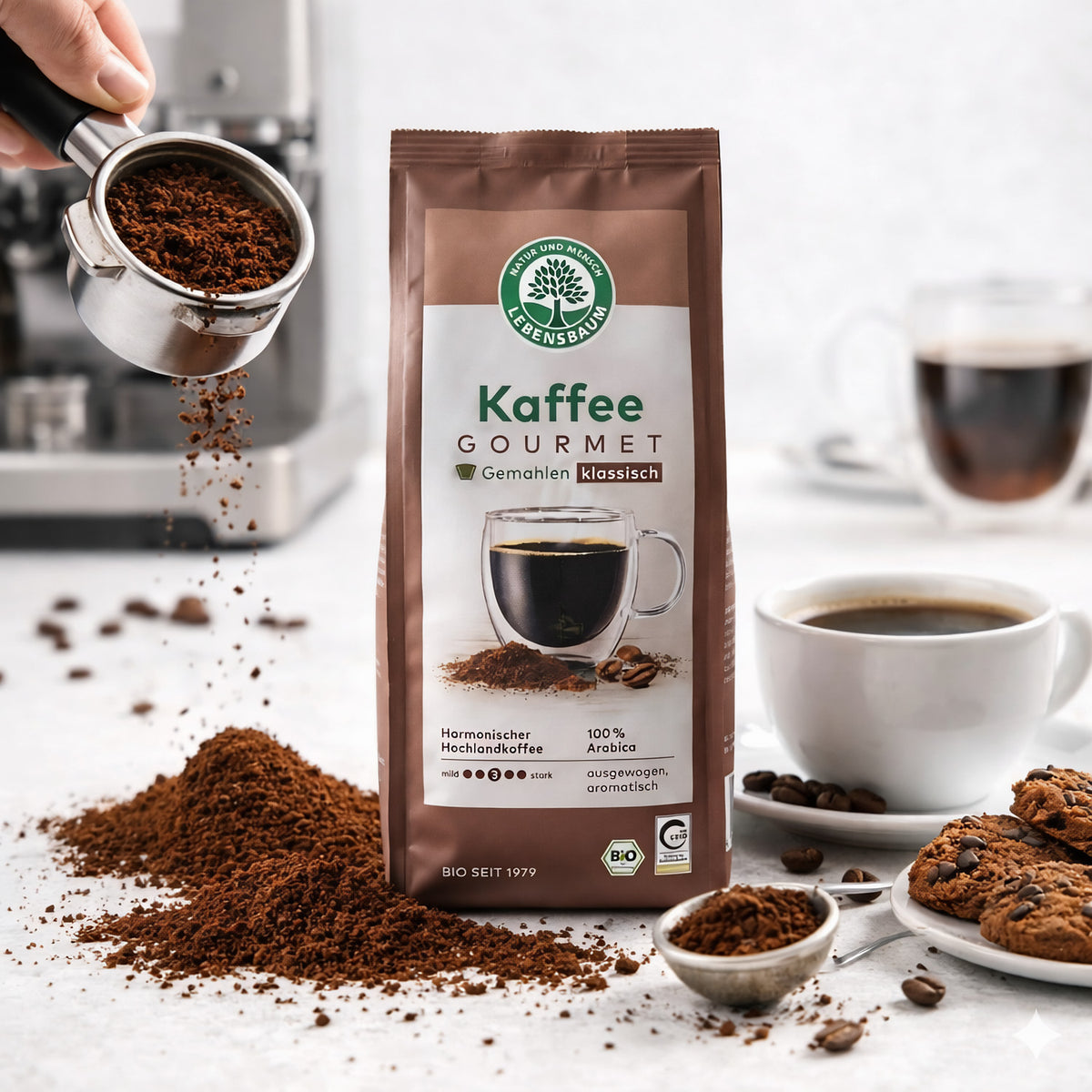 lebensbaum kaffee gourmet klassisch gemahlen 500g vor Espressomaschine, daneben Tasse Kaffee, Kaffeepulver und Kekse
