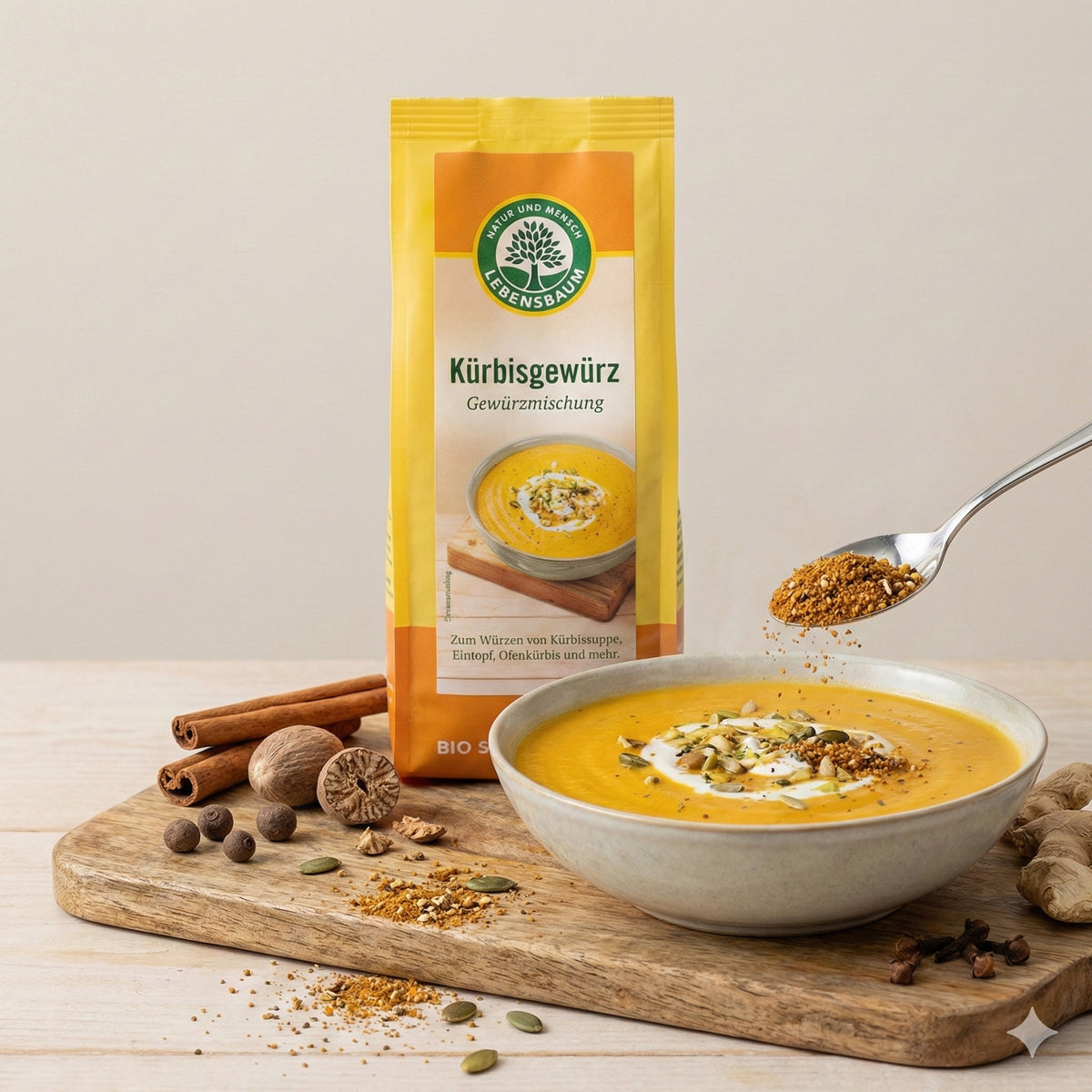 Lebensbaum Kürbisgewürz in einer 50g Verpackung, aromatisches Gewürz für Kürbisgerichte, mit würzigem Duft und orangefarbener Verpackung