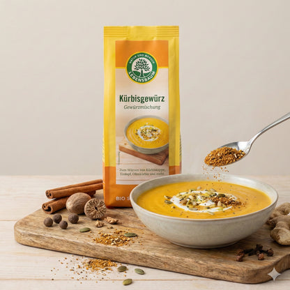 Lebensbaum Kürbisgewürz in einer 50g Verpackung, aromatisches Gewürz für Kürbisgerichte, mit würzigem Duft und orangefarbener Verpackung