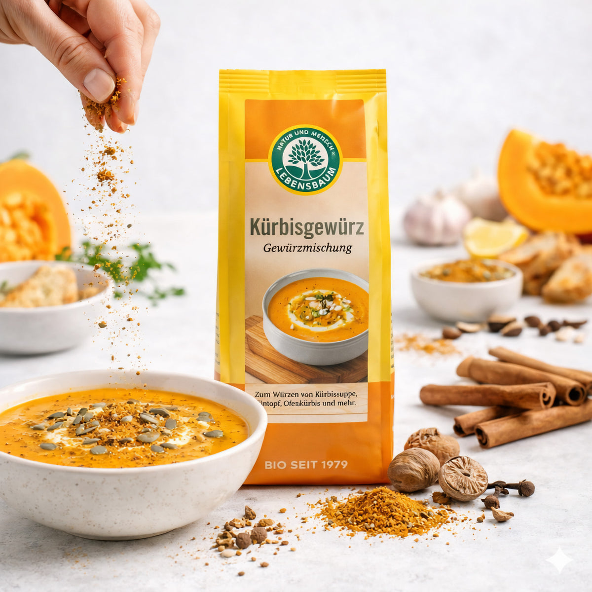Lebensbaum Kürbisgewürz in einer 50g Verpackung, Gewürze für Kürbisgerichte, mit bunten Gewürzstreuern auf der Verpackung
