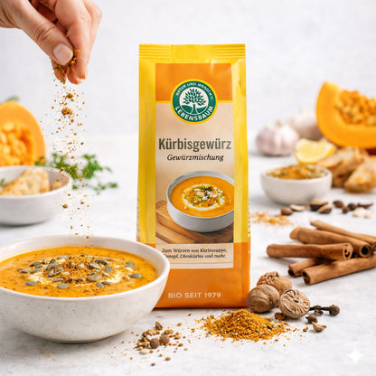 Lebensbaum Kürbisgewürz in einer 50g Verpackung, Gewürze für Kürbisgerichte, mit bunten Gewürzstreuern auf der Verpackung