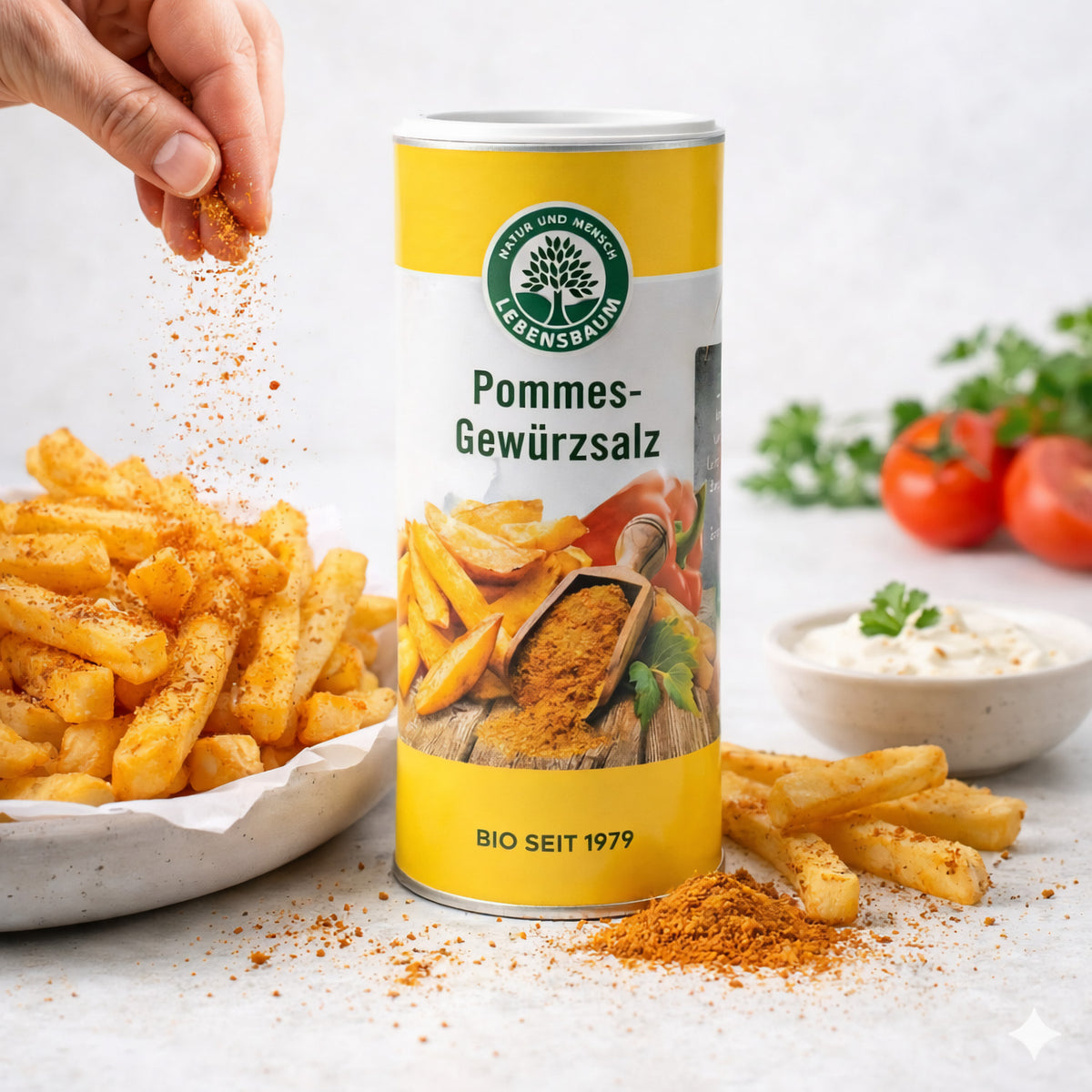 Lebensbaum Bio Pommes-Gewürzsalz in Streudose, sichtbare Gewürzmischung mit Salz und Kräutern, ideal für Pommes frites