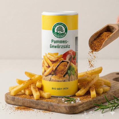 Lebensbaum Bio Pommes-Gewürzsalz in Streudose, ideal für Pommes und Snacks, mit natürlichen Bio-Zutaten.