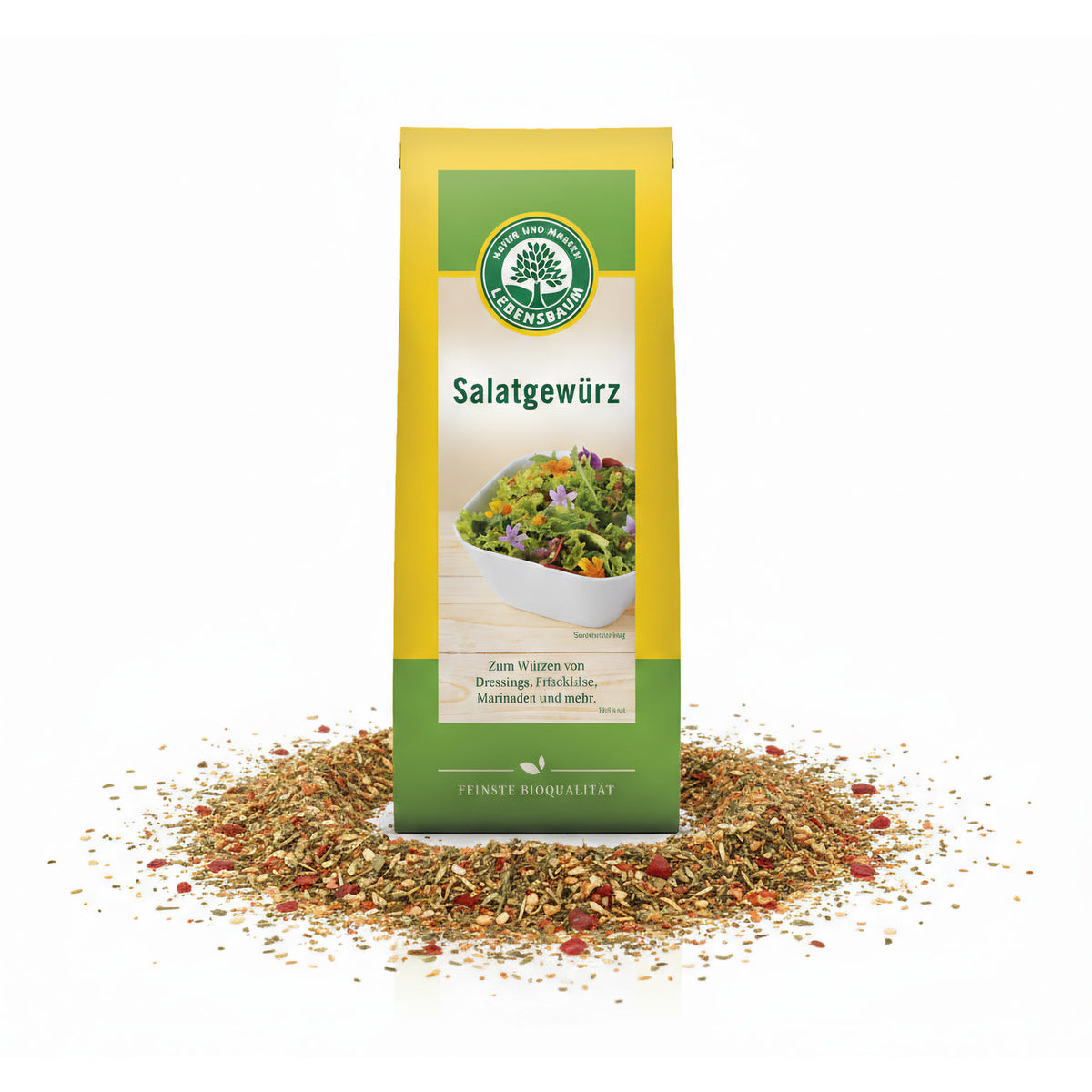 Lebensbaum Bio Salatgewürz in 3x 40g, frische Kräuter und Gewürze für Salate, in einer transparenten Gewürzdose.