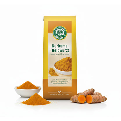 Gemahlenes Bio-Kurkuma von Lebensbaum, Gelbwurzel, in einer Gewürzverpackung, ideal für Currys und Gewürzgerichte.