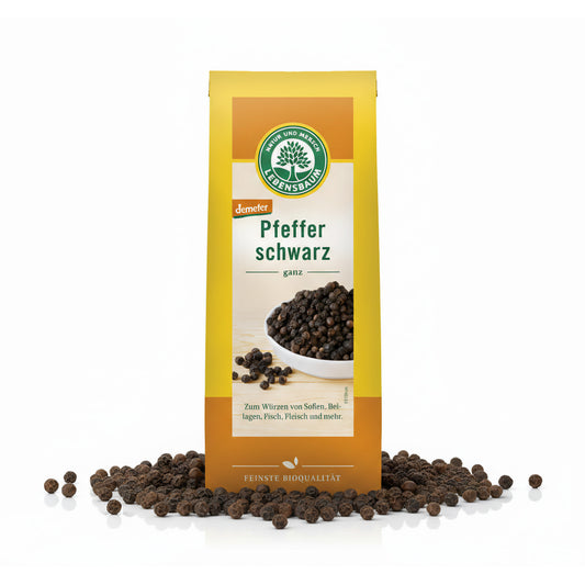 Schwarzer Bio-Pfeffer von Lebensbaum, ganze Pfefferkörner in einer Verpackung, für Gewürze und Saucen, 50 g.