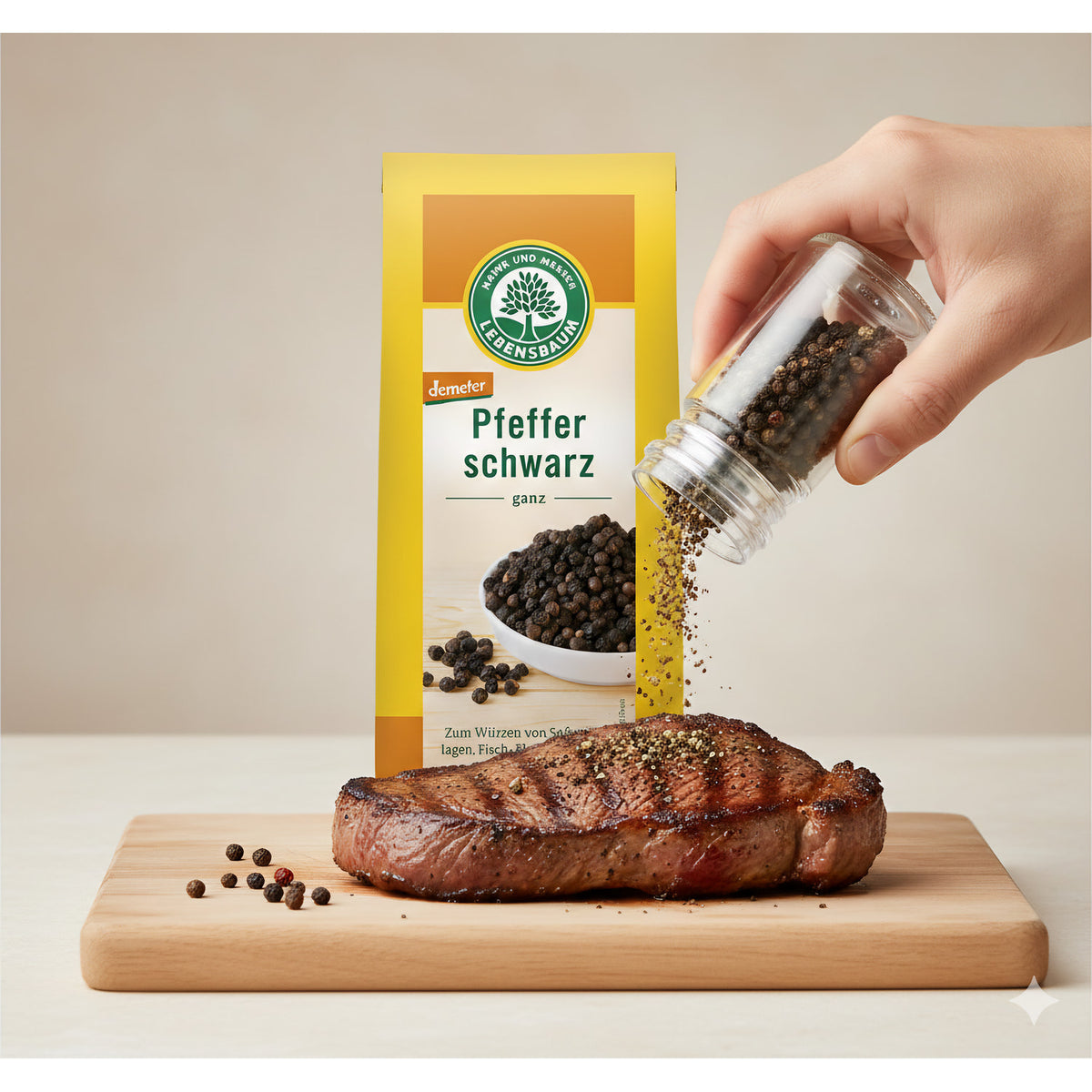 Schwarzer Bio-Pfeffer von Lebensbaum, ganz, in einer transparenten Gewürzdose, ideal für Kochen und Würzen.
