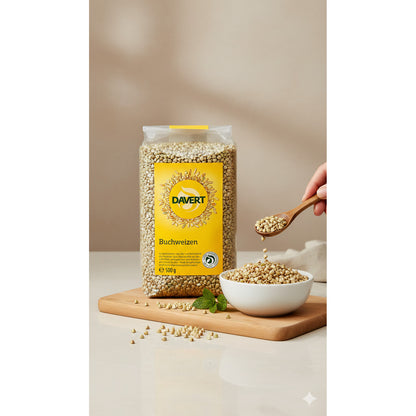 Bio Buchweizen von Lebensbaum, zum Backen geeignet, in einer 500g Packung, sichtbarer Inhalt in der Verpackung