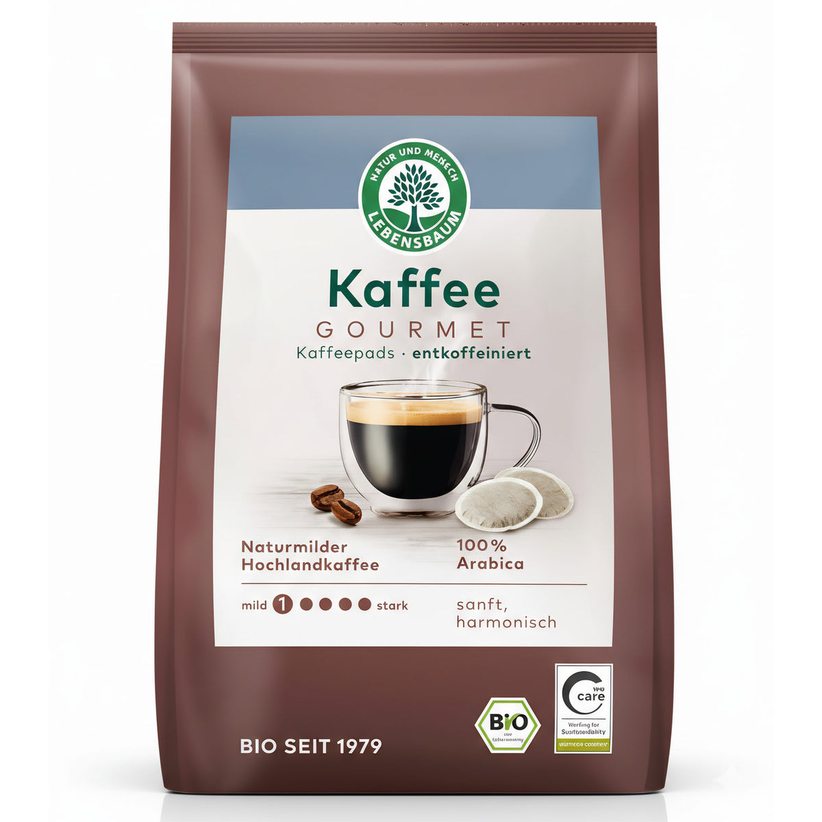 Bio Kaffee von Lebensbaum, entkoffeiniert, für Frühstück, zeigt eine Packung mit 126g, ideal für einen aromatischen Start in den Tag